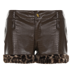 Shorts en cuir PU taille haute pour femme avec bordure en fourrure léopard, fermeture boutonnée, style club sexy, coupe classique, tissu tissé - Product Image 2