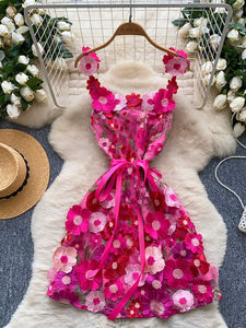 Robe courte à nouer à la taille à motifs floraux, style doux, robe de soirée d'été - Product Image 2