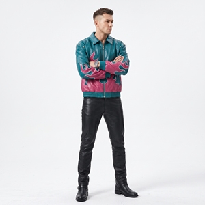 Dumela Men's Leather Bomber Jacket Breathable Quick-Dry Moto Style <b>Turn</b>-down Collar Single <b>Button</b> Closure Autumn Regular Fit - Product Image 6