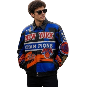 Tarifas de envío directo: Chaqueta de cuero de los campeones de las finales de baloncesto de Nueva York |   Chaqueta Bomber Multicolor con Tachuelas Estilo Universitario para Hombre - Product Image 4