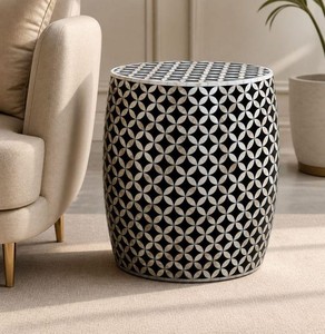 Table d'appoint ronde avec incrustation d'os, design géométrique et à rayures, Belladec - Product Image 6