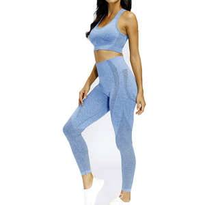 Women Yoga Set Solid Blue Breathable <b>Mesh</b> <b>Crop</b> <b>Top</b> High Waist Leggings Seamless Full Length Racerback Sleeveless 2 Piece - Product Image 2