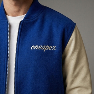 Men's Royal Blue Wool <b>Jacket</b> Cream Sleeves Custom Logo Rib Knit Collar Cuffs Zip Front Premium Streetwear Bomber Outerwear Style - Product Image 4