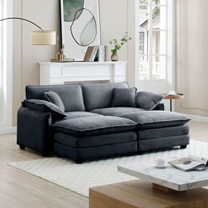 Divano da Teatro a Due Posti in Velluto a Coste Grigio con 2 Poggiapiedi Ottomani per Piccoli Spazi Abitativi per Soggiorno - Product Image 2