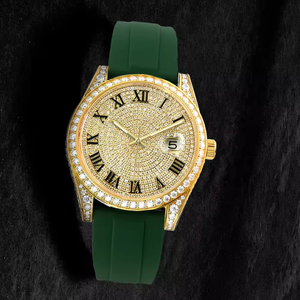 Montre de luxe pour hommes en or avec cadran en diamant et bracelet en silicone noir, affichage analogique de la date, boîtier rond de 40 mm - Product Image 5
