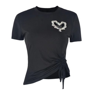 Women's Black Rhinestone Heart <b>Crop</b> <b>Top</b> Short Sleeve Crew Neck Slim Fit Knitted T-Shirt Spring Summer Sexy Club Style - Product Image 2