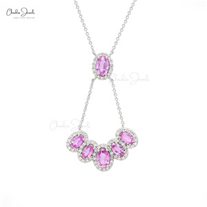 Collier Y en or blanc pur 14 carats avec halo de saphir rose taille ovale 2,47 CTW et diamants, pour femme – Meilleure vente - Product Image 1