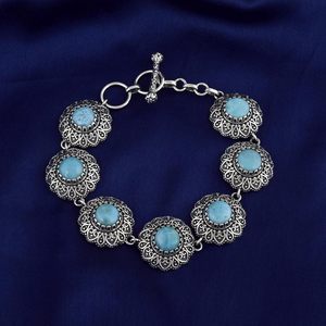 Vintage 925 Sterling Silver Blue Larimar Gemstones Tennis Chain Bracelet Floral Design Bezel <b>Set</b> For Women Jewelry Everyday Wear - Product Image 1