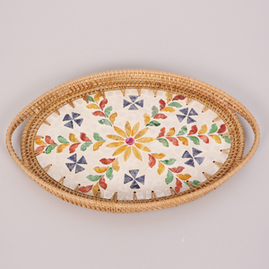 Bandeja de servir té y café de gran calidad con diseño ovalado de nácar y ratán para decoración del hogar. - Product Image 1