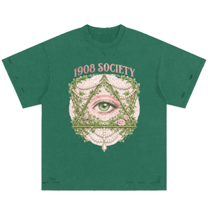 เสื้อยืดลายกราฟิกวินเทจสีเขียวสำหรับผู้หญิง รุ่น 1908 Society Hand Frayed Wash แขนสั้น สไตล์ลำลอง ขาดๆ แบบ Distressed เหมาะสำหรับใส่ในกลุ่มเพื่อนร่วมชั้นหรือสตรีทแฟชั่น - Product Image 1