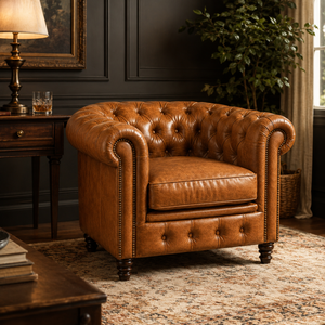 Fauteuil Chesterfield élégant en cuir marron vintage avec garniture cloutée, fauteuil d'appoint de luxe pour salon - Product Image 5