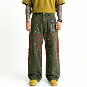 Jean en denim pour homme style américain, orné de strass, imprimé tie-dye, coupe ample et droite, tendance streetwear - Product Image 4