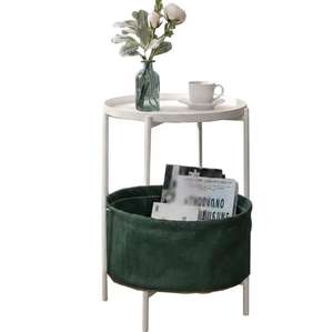 Minimalist White Round Side <b>Table</b> with Storage Basket 2-Tier Metal Frame for Bedroom Use - Product Image 2