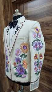 Men's Vintage Floral Embroidered <b>Blazer</b> Suit <b>Set</b>, Artistic Flower & Skeleton Embroidery Jacket with Matching Trousers, Suit - Product Image 2