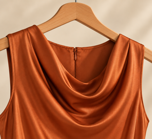 Elegant Cowl Neck Sleeveless Satin Midi <b>Dress</b> Fitted Sheath Style Solid Color Autumn Party Wear - Product Image 5