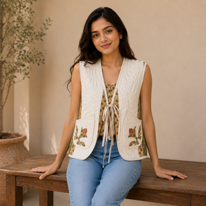 Chaleco acolchado de algodón hecho a mano para mujer, con estampado floral, sin mangas, con lazo frontal, estilo casual bohemio, con bolsillos. - Product Image 2