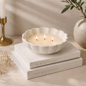 Luxury Ceramic <b>Candle</b> Vessel Wide Scalloped Bowl Heat Resistant Thick Wall Smooth Glaze Reusable Home Decor Multi <b>Wick</b> Holder - Product Image 1