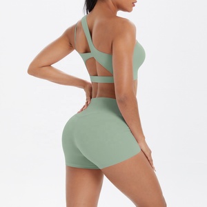 Custom 2026 Seamless One-Shoulder <b>Crop</b> <b>Top</b> High Waist Shorts 2 Piece Yoga Set Asymmetric Solid Green Activewear - Product Image 5