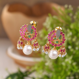 18K <b>Gold</b> Plated Stainless Steel <b>Number</b> Charm Stud Earrings with Zircon and Pearl - Product Image 3