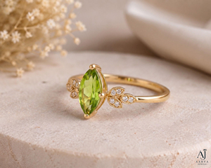 Anillo de Moissanita con Corte Marquesa y Peridoto, Chapado en Oro sobre Plata de Ley, Diseño de Racimo de Hojas, Joyería para Regalo de Boda o Compromiso - Product Image 5