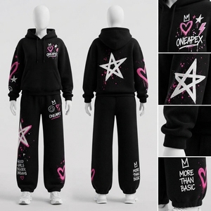 Women's Black Graphic <b>Hoodie</b> Tracksuit Set <b>Pink</b> Heart Star Print Wide Leg Pants Streetwear Two Piece Outfit - Product Image 2