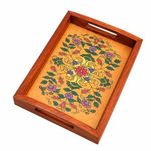 ถาดไม้ประดับอัญมณีทำมือ |   ถาดไม้ตกแต่งลายดอกไม้พร้อมหูจับ - Product Image 2