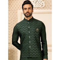 Ensemble chemise et kurta traditionnel en soie Jalpari vert foncé pour homme avec broderies