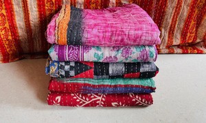 Reversible Embroidered Handmade <b>Indian</b> Cotton Kantha <b>Throw</b> for Hotel & Home Use - Product Image 2