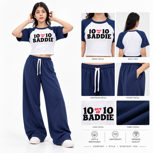 Conjunto de 2 Piezas para Mujer, Estilo Baddie, Camiseta Corta Raglán, Pantalones Anchos, Azul, Algodón, Casual, Primavera Verano, Corte Holgado, HerMood - Product Image 3