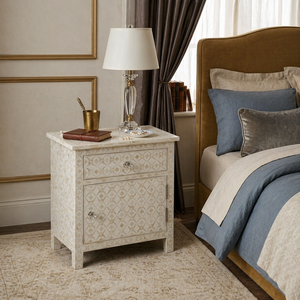 Bone Inlay Traditional Nightstand Two Drawer Bedside Table Decorative <b>Storage</b> <b>Cabinet</b> for Bedroom Hotel - Product Image 1