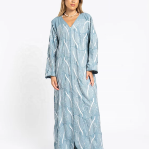 Caftan Turquoise Entièrement Brodé Caftan Coton Brodé Pour Femme - Product Image 1