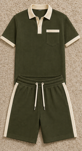 Ensemble de survêtement polo et short en maille gaufrée de luxe pour homme, style décontracté « Old Money », deux pièces, idéal pour l'été, qualité supérieure - Product Image 5