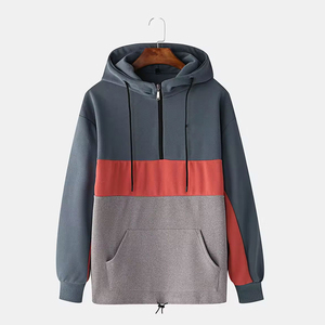 Men's Color Blocking Half Zip <b>Hoodie</b> Fleece Sweatshirt Casual Loose Fit Autumn Wear With Pocket Gray <b>Red</b> Design - Product Image 1