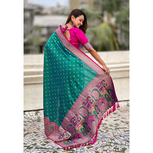 Green <b>Pashmina</b> Darbari Silk Saree with Zari Woven Indian & Pakistani Clothing - Product Image 4