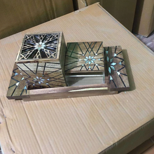 Quemador de incienso árabe con incrustaciones de madera y nácar, juego de bandeja de acrílico Mubkhar, acabado pulido, elegante decoración de mesa para Ramadán y Eid. - Product Image 1