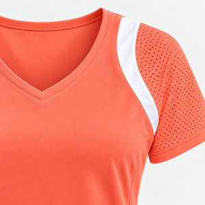 T-shirt de tennis pour femme à col en V orange, manches courtes perforées, maille respirante, haut d'entraînement de pickleball, vente en gros - Product Image 4