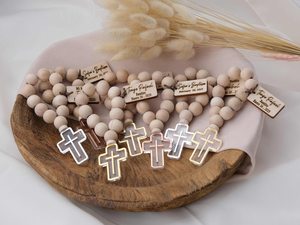 Perles de prière en bois faites à la main avec croix en or rose, décoration religieuse, cadeau de baptême, artisanat naturel, art du bois sculpté - Product Image 3