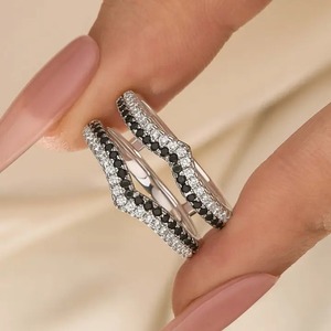Elegant 925 <b>Silver</b> Moissanite Classic Style Round Cut White & Black Enhancer <b>Wedding</b> <b>Band</b> in White Gold Plated for Women's - Product Image 2