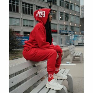 Conjunto de Sudadera con Capucha de Forro Polar Rojo de 2 Piezas para Mujer, Manga Larga, Corte Holgado, Ropa Deportiva para Todas las Temporadas - Product Image 1