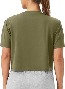 Camiseta Deportiva Corta para Mujer, Color Verde Oliva, Cuello Redondo, Color Sólido, Informal, Manga Corta, para Gimnasio - Product Image 4
