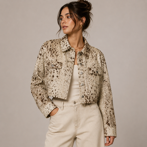 Cowhide Leather <b>Jacket</b>, Cow Pattern Leather <b>Jacket</b> Women Moto <b>Biker</b> <b>Jacket</b> Short Sleeve Zip Up Studded Collar Winter Outerwear - Product Image 2
