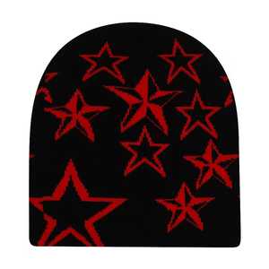 Custom Design Red Star Pattern Beanie Hat Unisex <b>Winter</b> <b>Cap</b> Casual Style Adult Size 100% Acrylic Computer Knitted - Product Image 1
