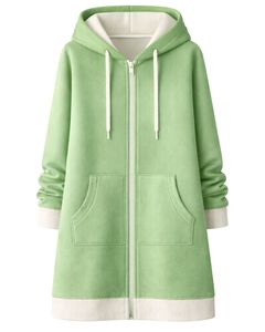 Sudadera con capucha larga con cremallera, color verde claro, abrigo de invierno de forro polar para mujer, ropa exterior informal de gran tamaño con bolsillos, OEM personalizado - Product Image 1