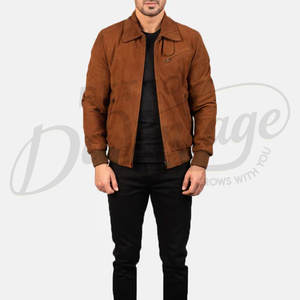 Chaqueta Bomber de Gamuza Genuina Color Cognac Marrón para Hombre, con Cuello Camisero Clásico, Bolsillo con Cremallera en el Pecho y Ribete Acanalado - Product Image 6
