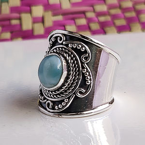 <b>925</b> Sterling <b>Silver</b> Classic Boho <b>Ring</b> Handmade Larimar Statement Women's Jewelry with Bezel Setting for Wedding & Anniversary - Product Image 1
