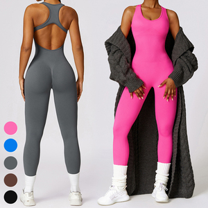 Custom Fashion Seamless High Waist Yoga <b>Jumpsuit</b> Solid Color Full Length Bodysuit With Hollow Out Back Design For Women Fitness - Product Image 1