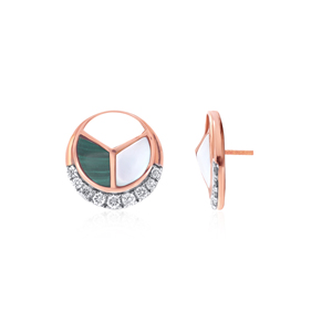 Pendientes de Diamantes Cultivados en Laboratorio con Diseño Redondo de Lujo en Oro Rosa de 14K con Malaquita y Madreperla - Product Image 3