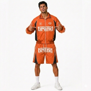 2026 Custom Logo Brand Men's Orange Windbreaker Shorts Set Woven Satin Breathable Casual Sporty Zipper Outerwear Spring Wear - Product Image 4