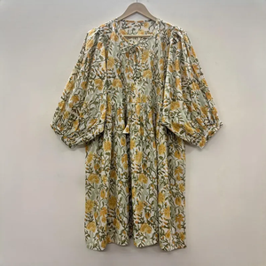 Vestido Casual Midi para Mujer, Tejido 100% Algodón, Liso, Manga Corta, Cintura Imperio, Estilo Babydoll, Cuello en V, Holgado, Funcional - Product Image 3