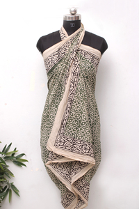 Eco-Conscious Green Bagru Print Cotton Beach <b>Sarong</b> – Boho Chic Hand Printed Pareo – Minimalist Summer Resort Wrap. - Product Image 2